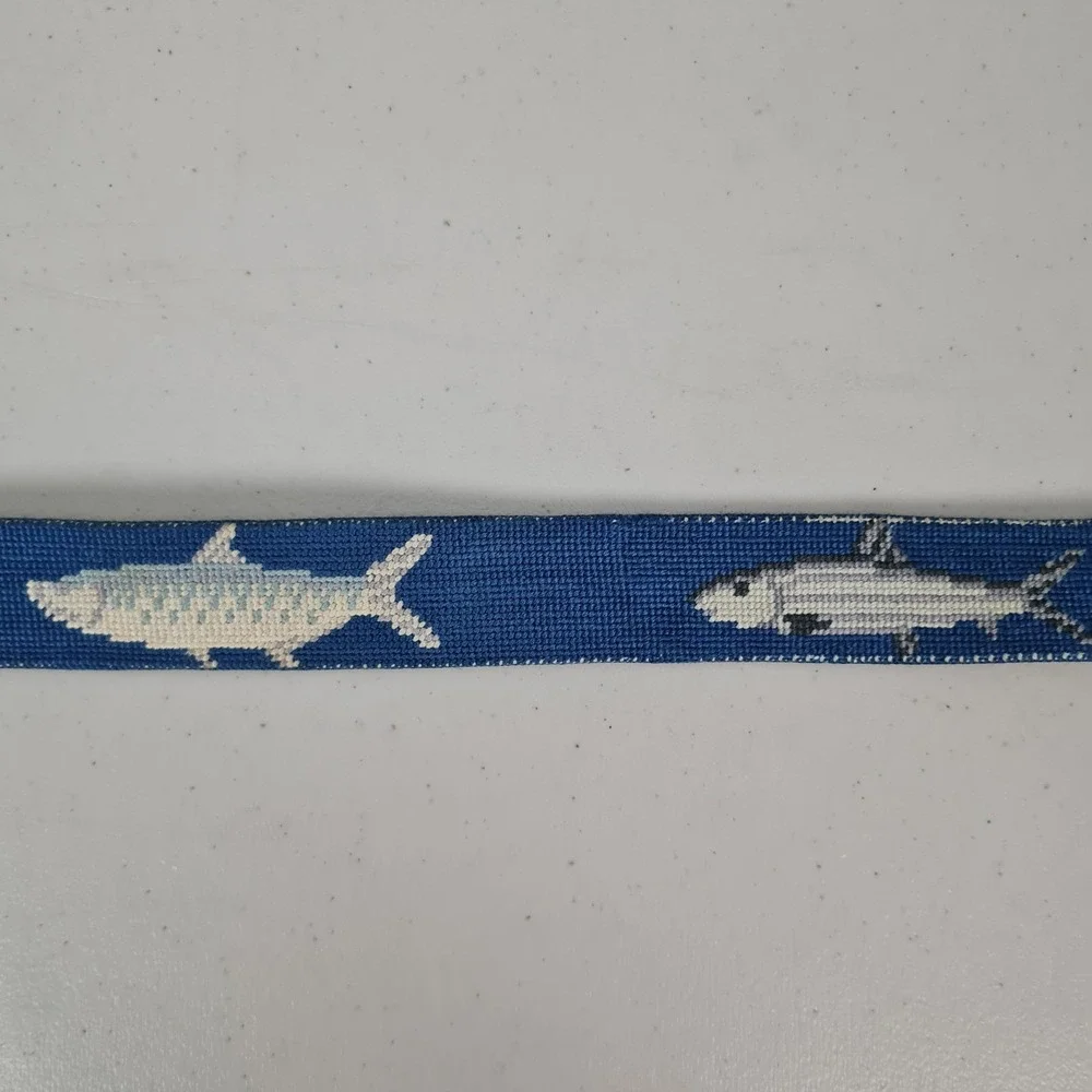 Smathers & Branson Belt Mens 38 Blue Needlepoint Fish Leather Brass Buckle USA